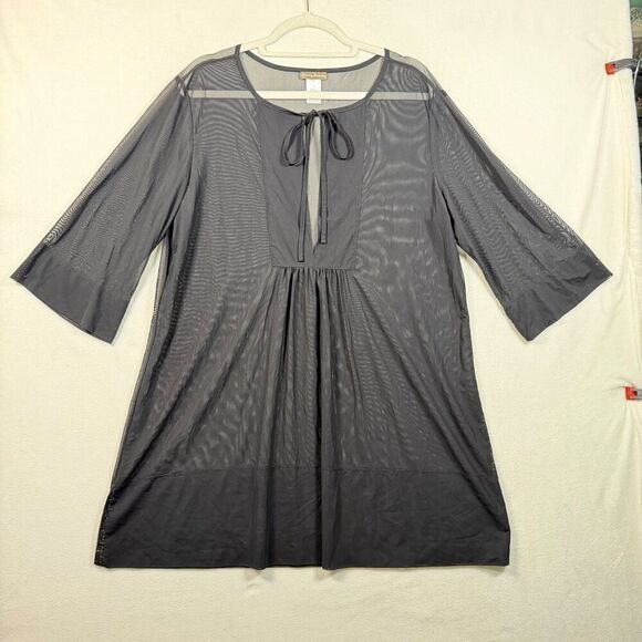 Tommy Bahama Other - Tommy Bahama Black Sheer Swim Cover Up Tunic Large Mesh Beach Tie Neck 3/4 Sleev